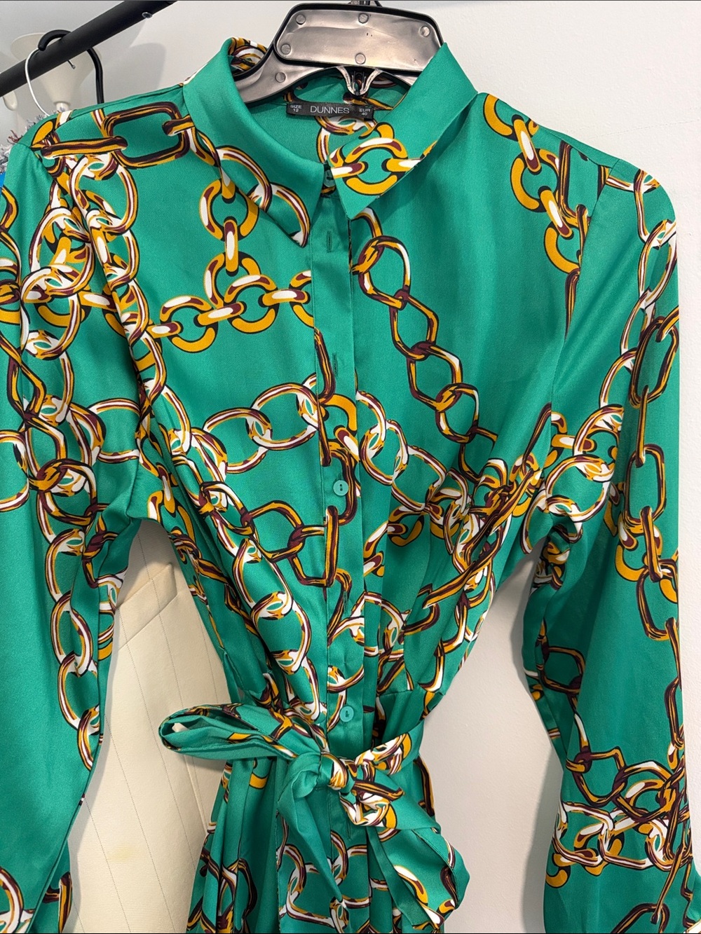 Dunnes Green Chain-Print Long Sleeve Shirt Dress